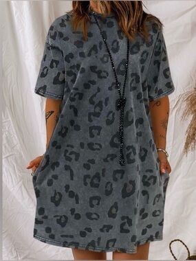 Easel Distressed Black Ash Leopard Animal Print Cotton T-Shirt Dress Plus 1X NWT
